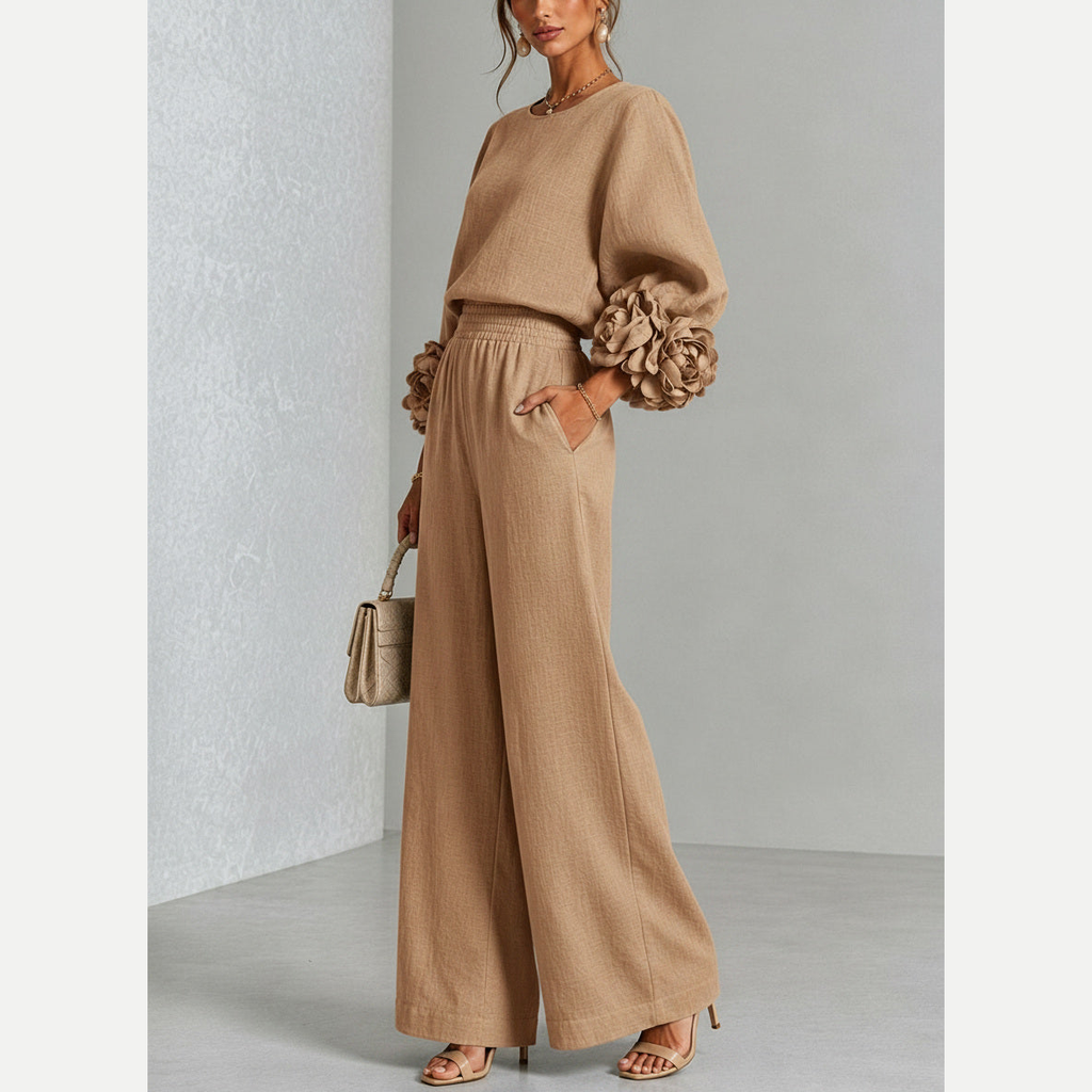 Adelaida | Conjunto beige de lino, vista lateral