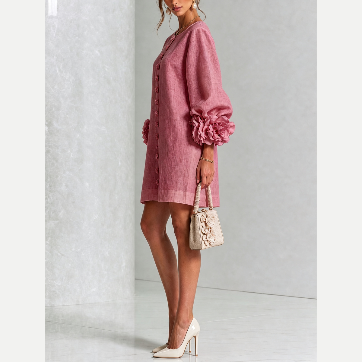 Adeline | Vestido mini floral rosa, vista lateral