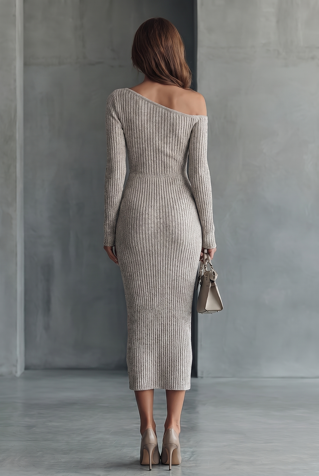 Ariadna, vestido midi gris de punto de un hombro: vista trasera