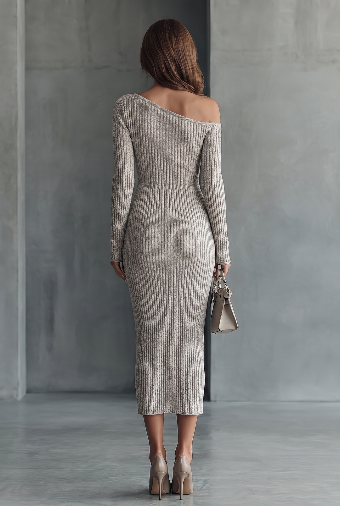 Ariadna, vestido midi gris de punto de un hombro: vista trasera