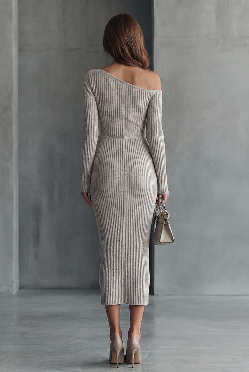 Ariadna, vestido midi gris de punto de un hombro: vista trasera