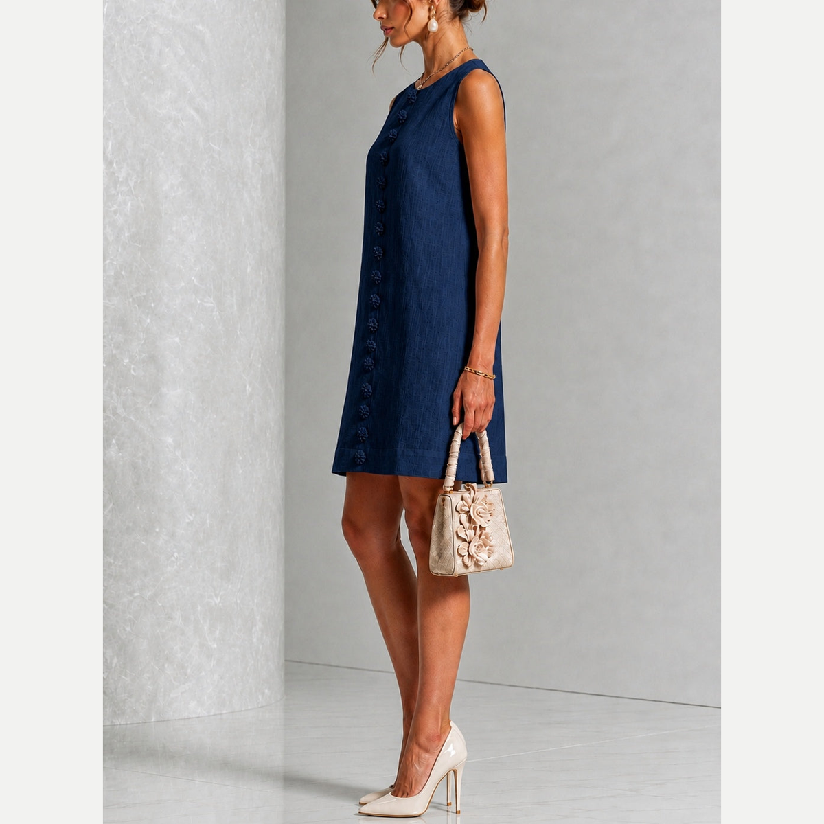 Clotilde | Vestido mini floral azul marino, vista lateral