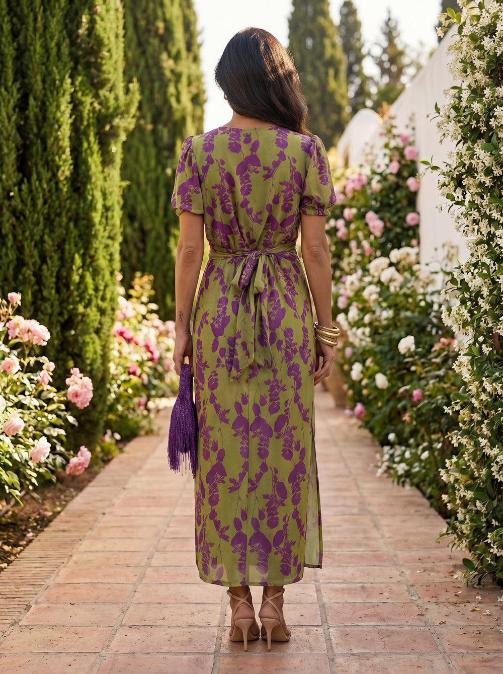 Grazia vestido de seda estampado botánico