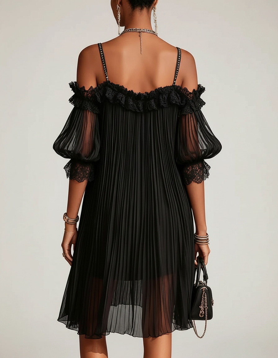 Victoria | Vestido negro de muselina con hombros al aire y ribetes de encaje