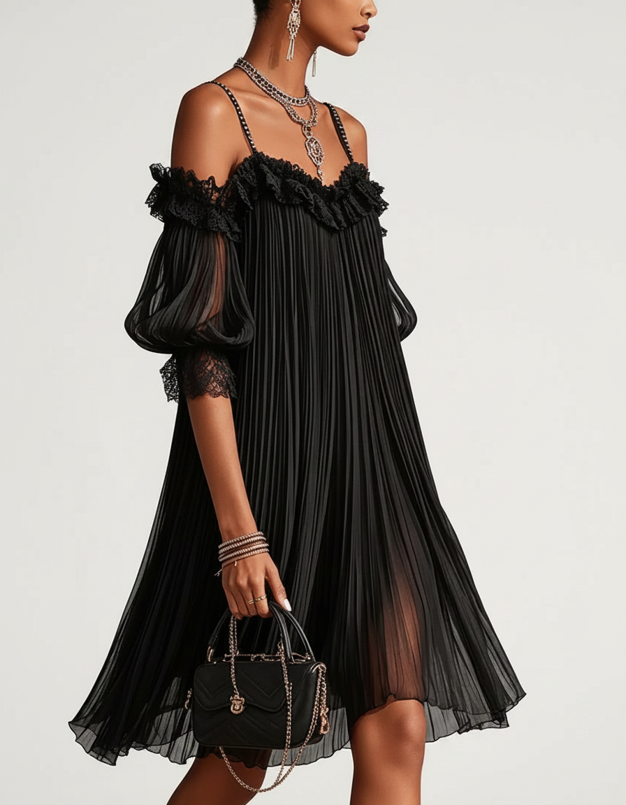 Victoria | Vestido negro de muselina con hombros al aire y ribetes de encaje