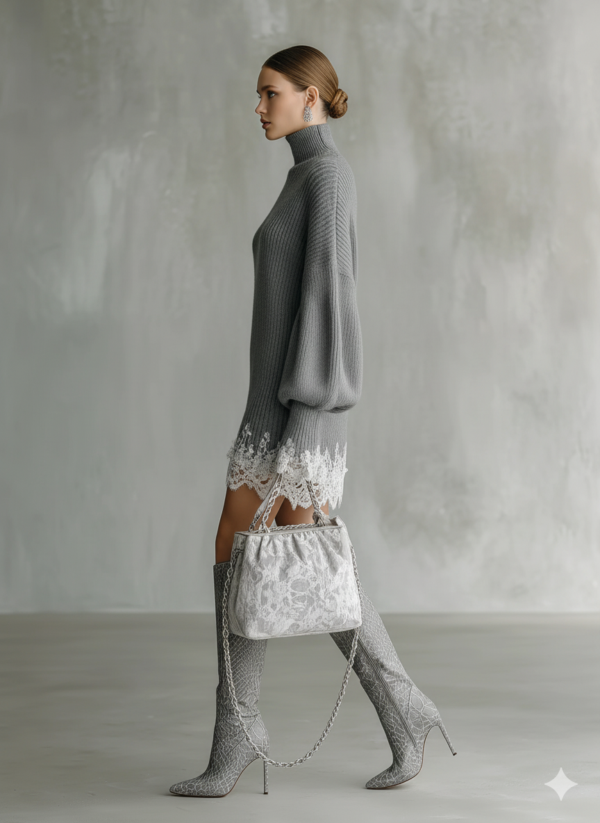 Mariela, vestido corto gris de punto con encaje: vista frontal