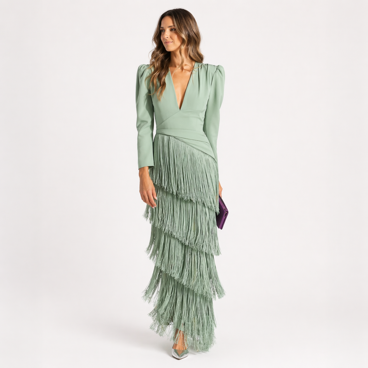Salvia vestido con flecos verde