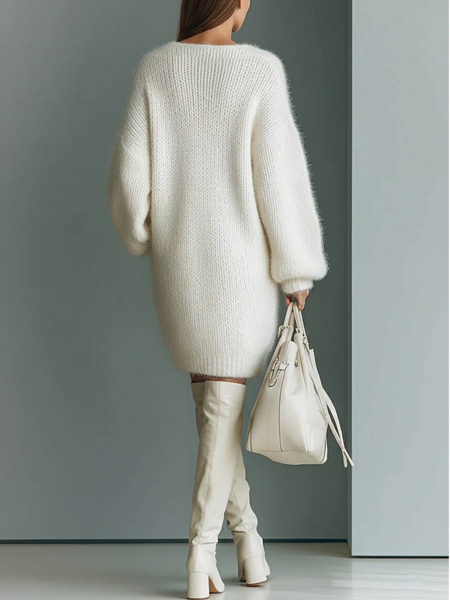 Valeria, vestido corto blanco de punto con escote en V: detalle del tejido